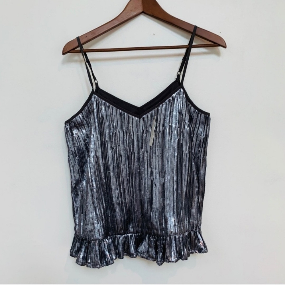 NEW Anthropologie Amelie Beaded Cami Pewter Ruffle Hem Evening Top Bohemian Chic - Picture 4 of 11